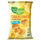 A yellow bag of Real Food From The Ground Up Cauliflower Potato Chips with Sea Salt. Bag says, "Snacks with a plant-based twist."