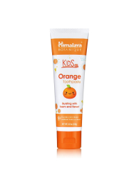 Himalaya Botanique Kids Orange Toothpaste in a white and orange tube, with a little cartoon orange on it.