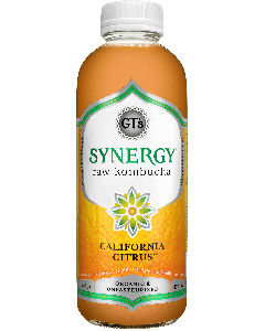 GT's Synergy Raw Kombucha in the California citrus flavor. In an orange-labeled, glass bottle.