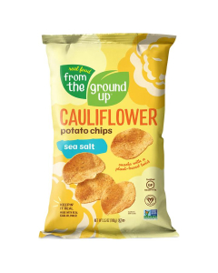 A yellow bag of Real Food From The Ground Up Cauliflower Potato Chips with Sea Salt. Bag says, "Snacks with a plant-based twist."