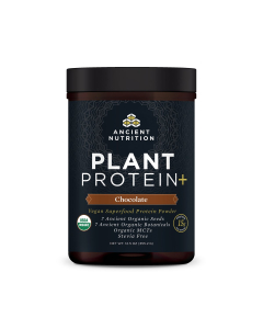 ancient nutrition plant plus protein in the chocolate flavor. Comes in a sleek, black container.