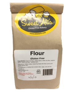 A brown, 2 pound bag of gluten free flour mix. 