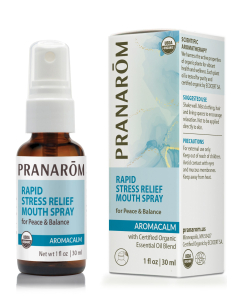 Pranarom Rapid Stress Relief Mouth Spray, 1 fl. oz. in an amber glass spray bottle. With chic blue and white packaging.