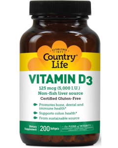 Country Life Vitamin D3 5000 IU, 200 softgels