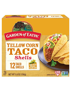 Garden of Eatin Yellow Corn Taco Shells front of box label. Picture of a taco shell. Gluten Free Label. Non-GMO label. 