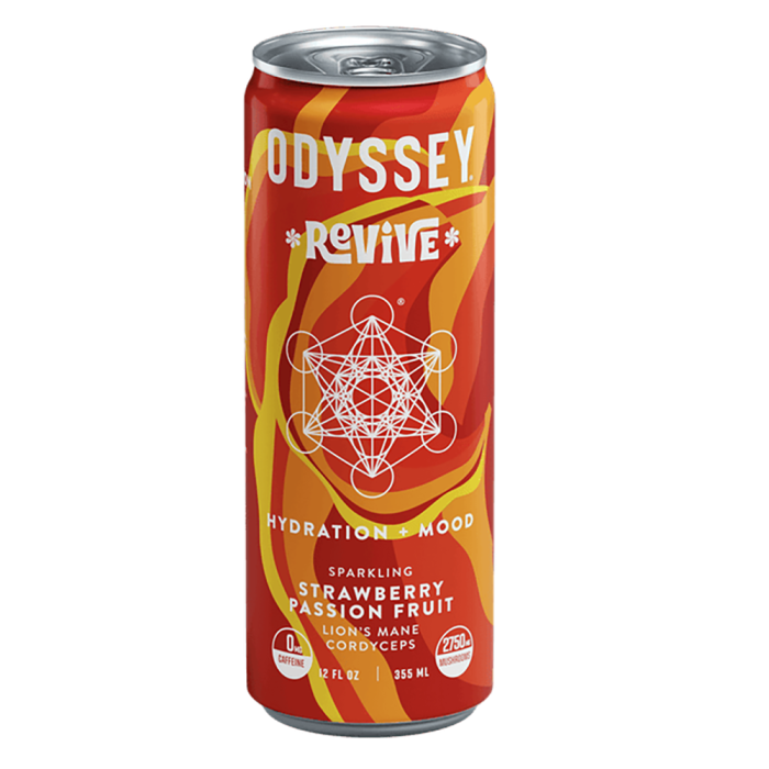 Odyssey Elixir Strawberry Passion Fruit Revive Sparkling Mushroom Energy Drink - Front view