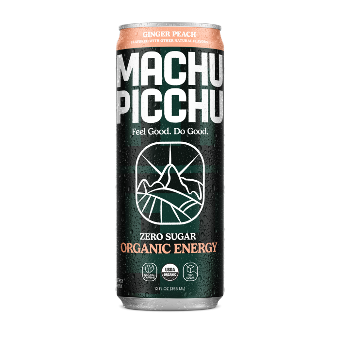 Machu Picchu Ginger Peach Zero Sugar Organic Energy Drink - Front view