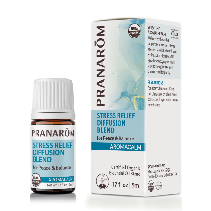 Pranarom Aromacalm Stress Relief Diffusion Blend in small amber bottle. Has chic blue and white packaging.