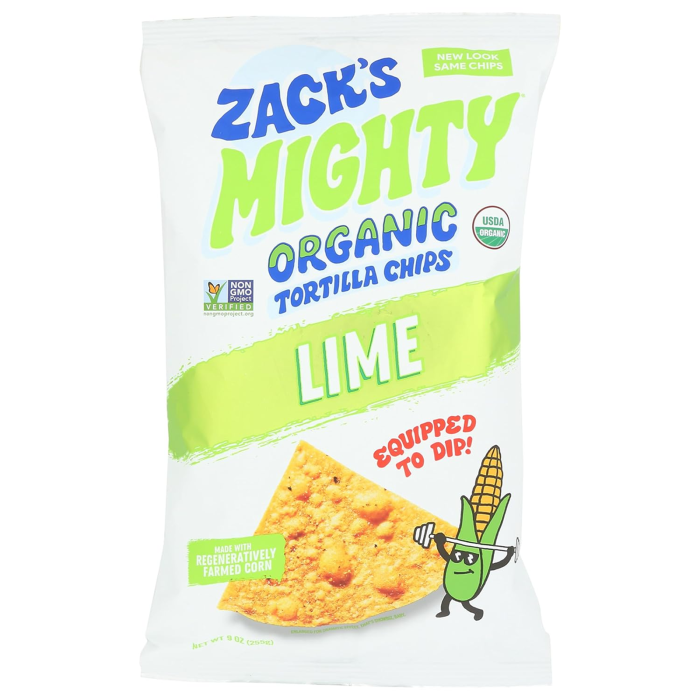 Zacks Mighty Organic Lime Tortilla Chips - Front view