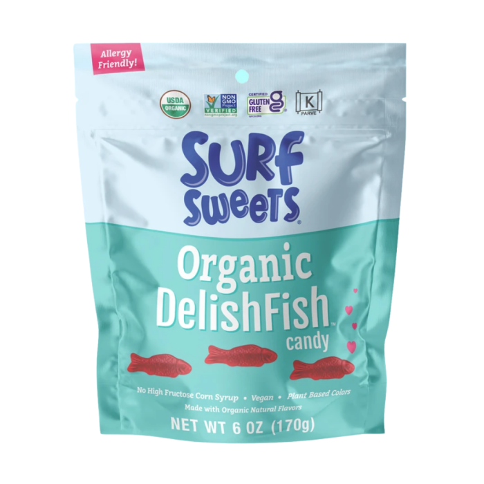 A 6 oz. bag of Surf Sweets Organic DelishFish Candy in a light blue re-sealable bag. 