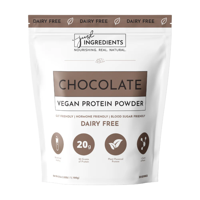 Just Ingredients Vegan Chocolate Protein Powder - Front view