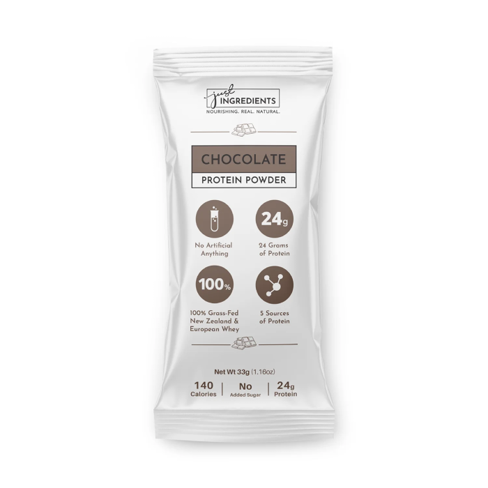 Just Ingredients Chocolate Protein Powder Packet - Front view 