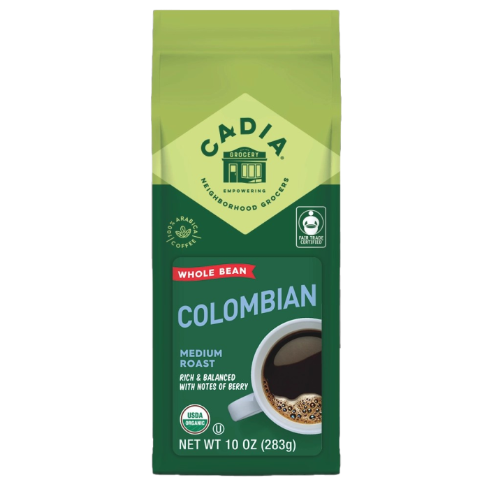 Cadia Organic Medium Roast Colombian Coffee – Whole Bean - Front view