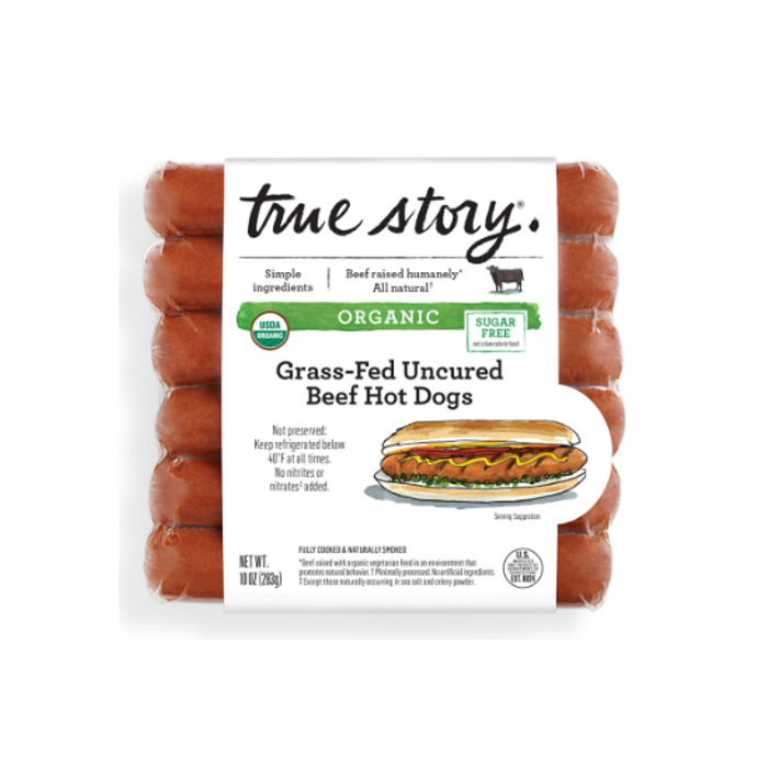 True Story Organic Grass-Fed Uncured Beef Hot Dogs - Front view