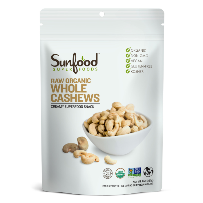 Sunfood Raw Organic Whole Cashews, 8 oz.