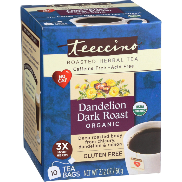 Teeccino Dandelion Dark Roast Herbal Tea, 10 Tea Bags