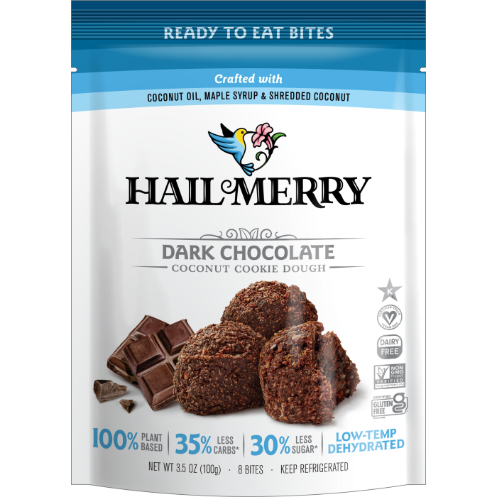 Hail Merry Dark Chocolate Coconut Cookie Dough Bites - front of the blue and white bag.