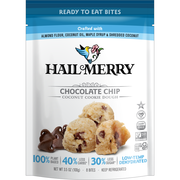 Hail Merry Chocolate Chip Cookie Dough Bites - Front of blue and white bag.