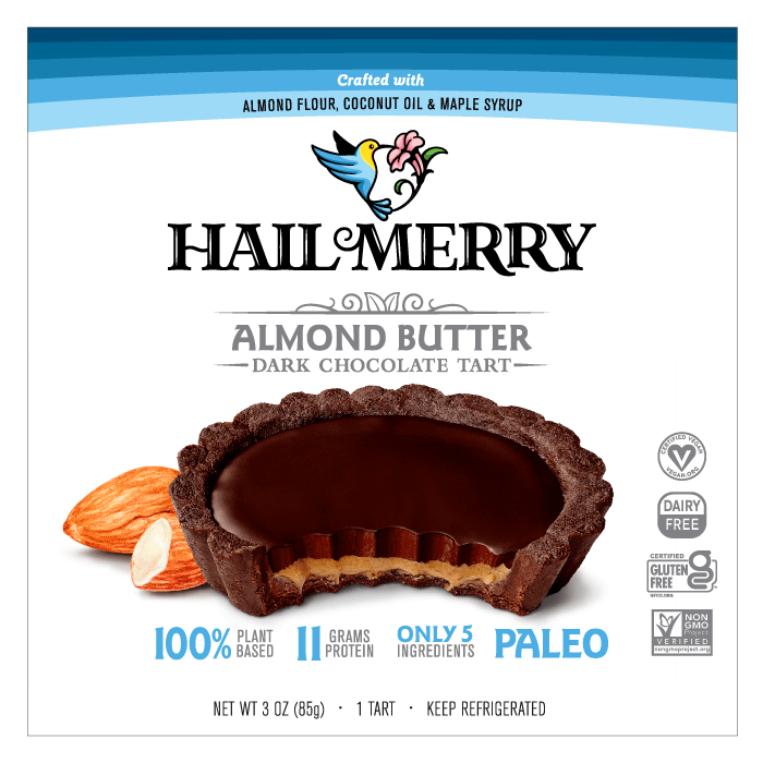 Hail Merry Chocolate Almond Butter Tart - front of the blue and while box. 