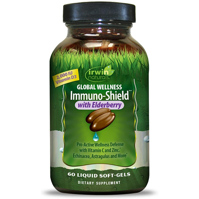 Irwin Naturals Global Wellness Immuno-Shield with Elderberry front label. Pro-active wellness defense with vitamin c, vitamin d, and zinc. Echinacea, astragulus and more.