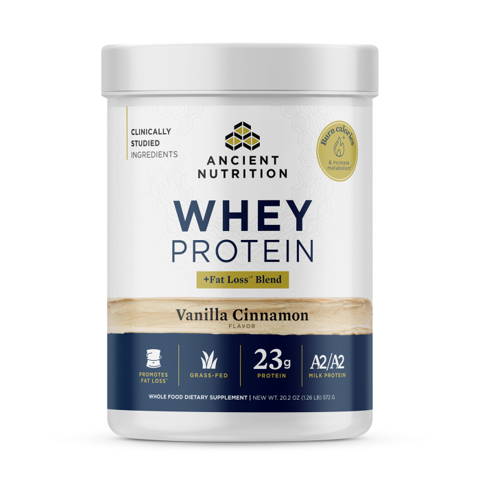 Ancient Nutrition Whey Protein + Fat Loss Blend Vanilla Cinnamon - Front view
